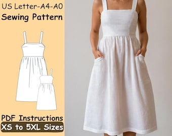 Summer Midi Dress Sewing Pattern Square Neckline Cottagecore Dress Pattern Gathered Midi Dress Women Sewing Pattern
