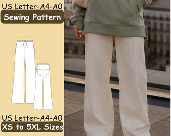 May include: A sewing pattern for wide-leg trousers featuring US Letter, A4, and A0 formats in sizes XS to 5XL. The graphic shows a technical line drawing of the pants with a drawstring waist and back pockets, alongside a photo of white trousers.