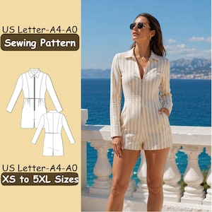 May include: A beige and white vertical striped romper with long sleeves, a collared neckline, and a front zipper. The image includes a technical line drawing of the garment and text reading US Letter-A4-A0 Sewing Pattern and XS to 5XL Sizes.
