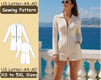 May include: A beige and white vertical striped romper with long sleeves, a collared neckline, and a front zipper. The image includes a technical line drawing of the garment and text reading US Letter-A4-A0 Sewing Pattern and XS to 5XL Sizes.