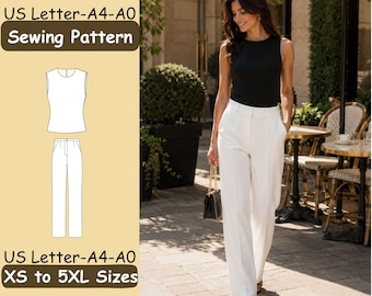 May include: A sewing pattern for a sleeveless top and wide-leg trousers, featuring US Letter, A4, and A0 formats in sizes XS to 5XL. The visual shows a black sleeveless top paired with white trousers, with technical line drawings of the garments.