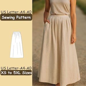 Puede incluir: Conjunto de falda y top beige. La falda es un diseño largo y fluido con cintura alta y bolsillos. La imagen también incluye un diagrama de patrón de costura y el texto "US Letter-A4-A0 Sewing Pattern" y "XS to 5XL Sizes."