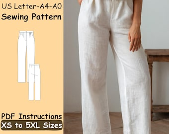 Cropped Pants Sewing Pattern - Linen Lounge DIY Pants Pattern - Button Summer Outfit Trousers Sewing Pattern - Casual Button Pants for Girls