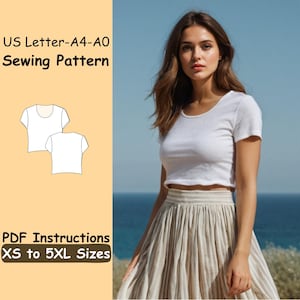 Linen Tank Top Sewing Pattern - Short Sleeve Women Blouse PDF Pattern - Basic T Shirt for Girls XS - 5XL Beginner Sewing Instructions