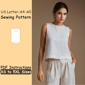 Patrón de costura de camiseta básica sin mangas - Patrón de camisa de lino para mujer en PDF - Patrón de blusa fácil sin mangas en PDF - Patrón de costura de conjunto holgado de lino
