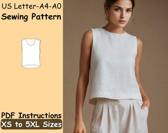 Basic Tank Top Sewing Pattern - Women Linen Shirt PDF Pattern - Sleeveless Easy Blouse PDF Pattern - Linen Loose Outfit Sewing Pattern