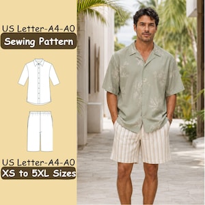 以下が含まれることがあります： US Letter-A4-A0およびXS to 5XL Sizesと記載されたシャツとショートパンツの型紙。画像には、半袖のボタンダウンシャツとウエストゴムのショートパンツの技術的な線画と、完成した衣装の写真が並んで表示されています。