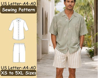 May include: A sewing pattern for a shirt and shorts set, labeled US Letter-A4-A0 and XS to 5XL Sizes. The image displays a technical line drawing of a short-sleeved button-down shirt and elastic-waist shorts alongside a photograph of the finished outfit.