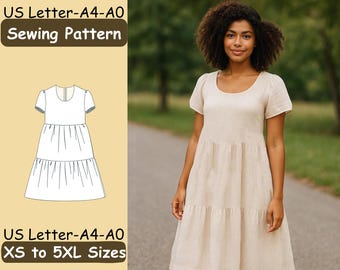 Flounce Dress Sewing Pattern, Summer Short Sleeve Dress Pattern, PDF Sewing Pattern, XS - 5XL