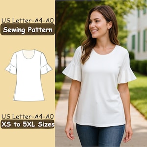 May include: A white top with short, ruffled sleeves and a round neckline. The image includes a sewing pattern illustration and text that reads "US Letter-A4-A0 Sewing Pattern" and "XS to 5XL Sizes".