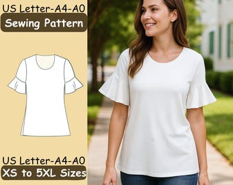 Ruffle Sleeve Top Pattern, Round Neck Blouse Sewing Design, Easy Beginner Project, Comfortable Fit, Size Inclusive XS–5XL
