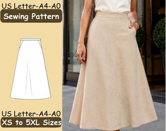 A Line Skirt Sewing Pattern, Womens High Waist Midi Style PDF, Pocket Design