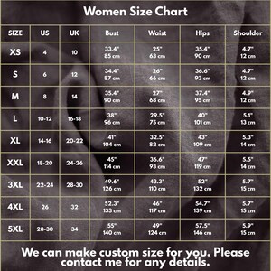 May include: A women's size chart with measurements in inches and centimeters. The chart includes sizes XS to 5XL, with corresponding US, UK, bust, waist, hips, and shoulder measurements. Text at the bottom says, "We can make custom size for you. Please contact me for any details."