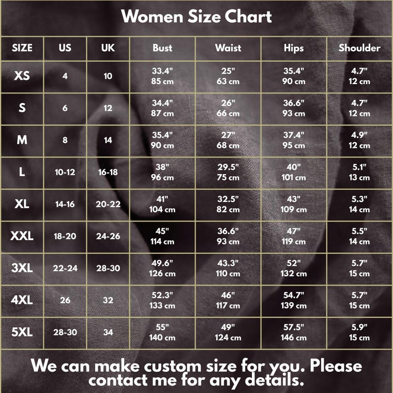 May include: A women's size chart with measurements in inches and centimeters. The chart includes sizes XS to 5XL, with corresponding US, UK, bust, waist, hips, and shoulder measurements. Text at the bottom says, "We can make custom size for you. Please contact me for any details."
