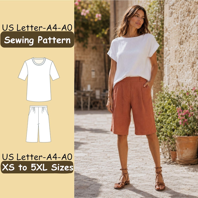 May include: A sewing pattern for a white short-sleeved top and rust-colored knee-length shorts. The text US Letter-A4-A0 Sewing Pattern and US Letter-A4-A0 XS to 5XL Sizes is visible. The garment set includes a top and shorts with a pleated front.