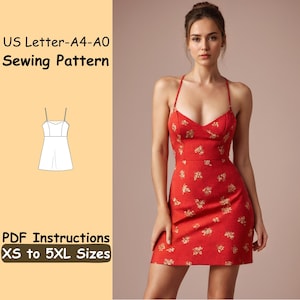 May include: A red mini dress with a floral pattern is worn by a person. The dress has thin straps and a sweetheart neckline. The image also includes a sewing pattern illustration and text that reads "US Letter-A4-A0 Sewing Pattern" and "PDF Instructions XS to 5XL Sizes."