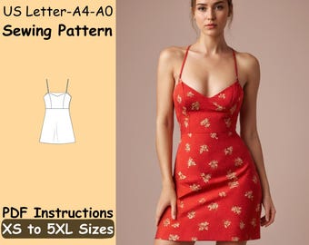 Träger Mini Kleid Schnittmuster - Abend Party Kleid PDF Pattern, Frauen A-Linie Cocktailkleid Anfänger Schnittmuster - Easy Graduation Dress
