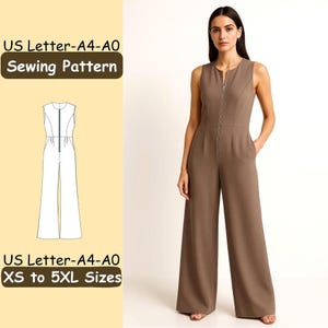 Op de afbeelding: Bruine mouwloze jumpsuit met ritssluiting en wijde pijpen. De afbeelding bevat een naaipatroon en de tekst: "US Letter-A4-A0 Sewing Pattern" en "XS to 5XL Sizes".
