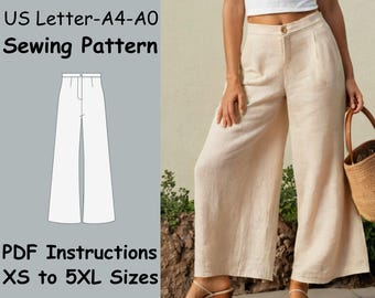 Women Pants Sewing Pattern Linen Palazzo Pants PDF Pattern Flared Oversized Pants Pattern Costume Wide Leg Pants Sewing Pattern