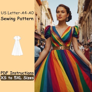May include: A colourful rainbow-striped dress with a gold belt is worn by a woman. The dress features a V-neck and puffed sleeves. Text on the image reads "US Letter-A4-A0 Sewing Pattern" and "PDF Instructions XS to 5XL Sizes".