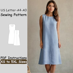 May include: A sleeveless, light blue dress with a round neckline and a slightly flared skirt. The image also shows a sewing pattern with the text "US Letter-A4-A0 Sewing Pattern" and "PDF Instructions XS to 5XL Sizes."