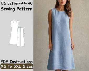 Linen Midi Dress Pattern - Women Dress Sewing Pattern - A Line Easy Dress for Girls Beginner Sewing Instructions - XS to 5XL Dress Sewing