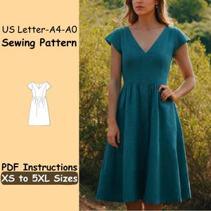V Neck Midi Dress Sewing Pattern, Summer Linen Dress Pattern, Short Flare Sleeve Dress Beginner Sewing Pattern