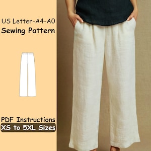 Women Wide Leg Pants Pattern - Palazzo Pants Sewing Pattern - Elastic High Waist Pants with Pockets PDF Beginner Pattern