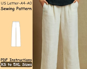 Women Wide Leg Pants Pattern - Palazzo Pants Sewing Pattern - Elastic High Waist Pants with Pockets PDF Beginner Pattern