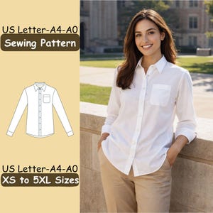 May include: A white button-down shirt with a chest pocket, worn with khaki pants. The image includes a sewing pattern illustration of the shirt and text that reads "US Letter-A4-A0 Sewing Pattern" and "XS to 5XL Sizes".