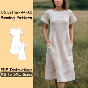 May include: A woman wearing a beige linen dress with short sleeves and pockets. The dress is knee-length and has a simple, elegant design. The image also includes a sewing pattern with the text "US Letter-A4-A0 Sewing Pattern" and "PDF Instructions XS to 5XL Sizes."