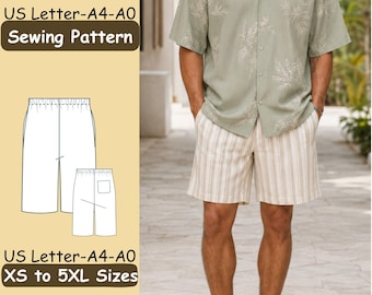 Mens Elastic Waist Shorts Sewing Pattern, Bermuda Summer Bottoms PDF