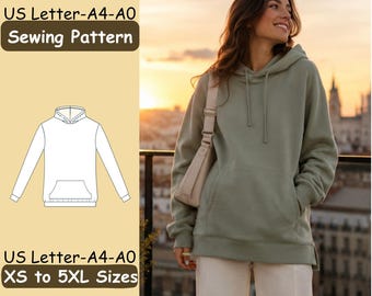 May include: A sage green hooded sweatshirt with a front kangaroo pocket, long sleeves, and ribbed cuffs. The image includes a technical line drawing of the hoodie and text stating US Letter-A4-A0 Sewing Pattern and US Letter-A4-A0 XS to 5XL Sizes.