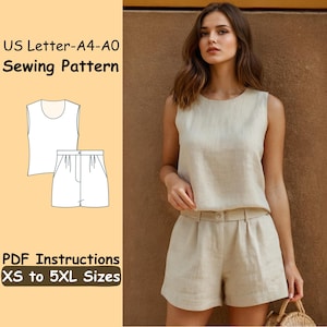 Women Lounge Set Sewing Pattern - Tank Top and Shorts PDF Pattern - Summer Linen Loose Set Beginner Pattern - Casual Shorts and Top Sewing