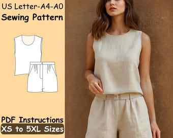 Cartamodello per set da salotto da donna - Modello PDF per canotta e pantaloncini - Modello per principianti per set estivo in lino - Cucito di pantaloncini e top casual