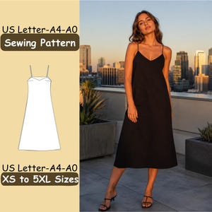 May include: A black midi-length slip dress with thin spaghetti straps and a V-neckline. The image includes a white line drawing of the dress pattern and text reading US Letter-A4-A0 Sewing Pattern and US Letter-A4-A0 XS to 5XL Sizes.