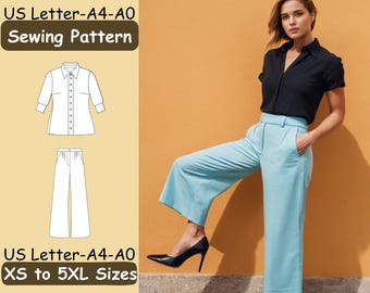 Wide Pants and Shirt for Woman Sewing Pattern, Palazzo Pants and Short Sleeve Shirt Pattern, Pants and Shirt Sewing Pattern, XS-5XL Sizes