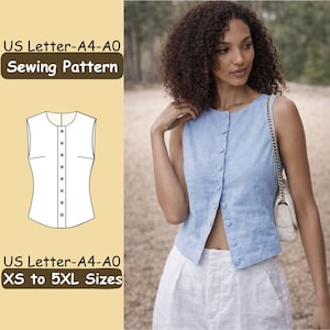 Patrón de costura para chaleco con botones delanteros para mujer, top de lino sin mangas, ideal para principiantes, talla carta estadounidense A4 A0