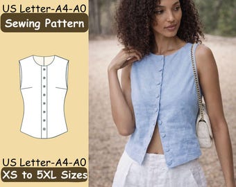 Womens Button Front Vest Sewing Pattern, Sleeveless Linen Top, Beginner Friendly, Size US Letter A4 A0