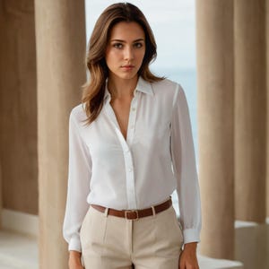Peut inclure: Une chemise blanche boutonnée à manches longues, portée avec un pantalon beige et une ceinture marron. Le modèle se tient devant un fond clair.