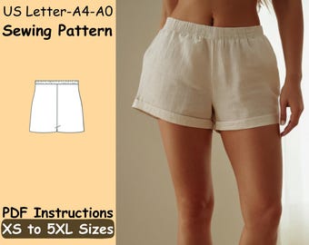 Elastic Shorts Sewing Pattern Women Summer Cropped Shorts PDF Sewing Pattern Wide Leg Loose Linen Shorts Easy Pattern for Girls