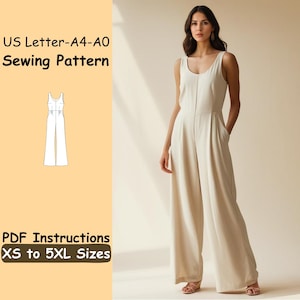 Jumpsuit Sewing Pattern - Comfy Tank Top Jumpsuit PDF Pattern - Wide Leg Summer Romper Pattern - Loose Pockets Jumpsuit Sewing Instructions