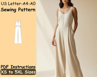 Jumpsuit Sewing Pattern - Comfy Tank Top Jumpsuit PDF Pattern - Wide Leg Summer Romper Pattern - Loose Pockets Jumpsuit Sewing Instructions
