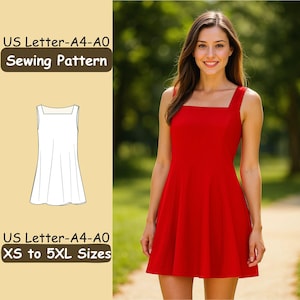 May include: A woman wearing a red square-neck dress. The image also shows a sewing pattern for a dress, with the text "US Letter-A4-A0 Sewing Pattern" and "XS to 5XL Sizes". The dress pattern is white.