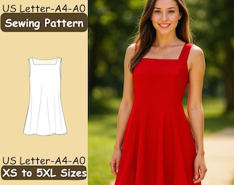 Patrón de vestido con escote cuadrado, falda acampanada sin mangas, proyecto de costura fácil para principiantes, tallas disponibles desde la XS hasta la 5XL