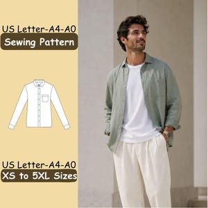 May include: A sewing pattern for a long-sleeve button-down shirt with a chest pocket, available in US Letter, A4, and A0 formats. The pattern includes sizes ranging from XS to 5XL. A visual diagram of the shirt is shown alongside the text labels.