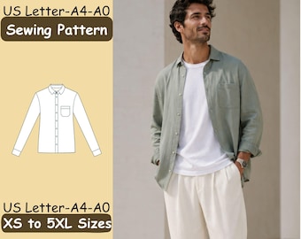 May include: A sewing pattern for a long-sleeve button-down shirt with a chest pocket, available in US Letter, A4, and A0 formats. The pattern includes sizes ranging from XS to 5XL. A visual diagram of the shirt is shown alongside the text labels.
