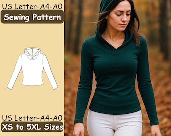 Hooded Top Sewing Pattern, Women’s Fitted Hoodie Pattern, Long Sleeve Knit Shirt Pattern, DIY Hoodie Tutorial, XS To 5XL Sizes