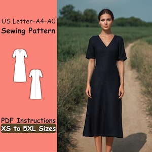 Linen Midi Dress Sewing Pattern - A Line Dress Pattern - Women Cottagecore Linen Dress Sewing Pattern - Easy Dress XS-5XL Pattern
