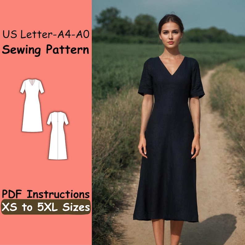 K&ouml;nnte beinhalten: Eine Frau in einem marineblauen V-Ausschnitt-Kleid mit kurzen &Auml;rmeln auf einem Feldweg. Das Bild enth&auml;lt ein Schnittmusterdiagramm und den Text: "US Letter-A4-A0 Sewing Pattern" und "PDF Instructions XS to 5XL Sizes."